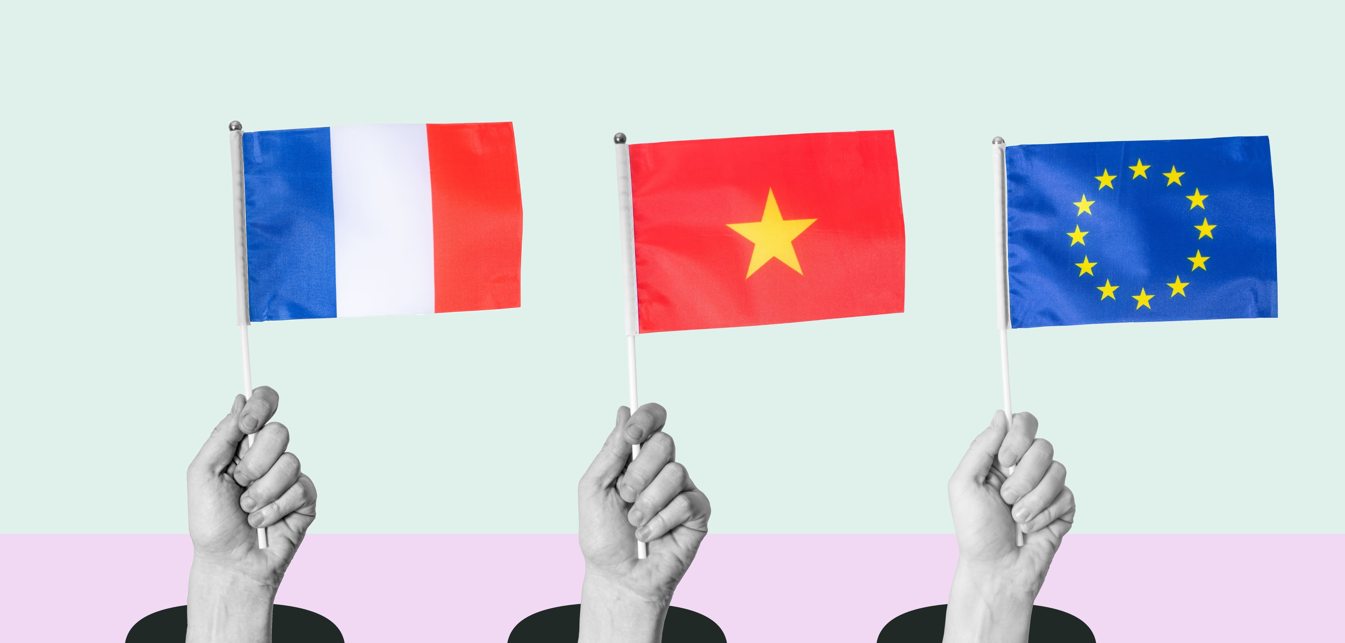 Depiction of 3 hands holding up flags of France, China, European Union